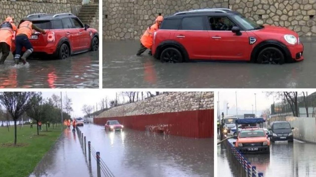Bakırköy'de sahil yolunu su bastı, 3 araç mahsur kaldı
