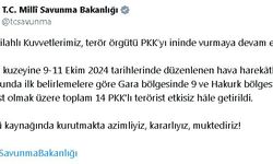 Milli Savunma Bakanlığı (MSB), Irak'ın kuzeyinde 14 PKK'lı teröristin etkisiz hale getirildiğini açıkladı