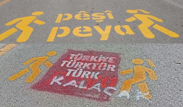 Van'da Kürtçe trafik uyarıların üzerine 'Türkiye Türk’tür, Türk kalacak' yazıları yazıldı