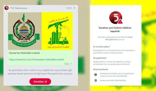 WhatsApp'tan TV5'in WP Kanalı'na "Hamas-Hizbullah" paylaşımı nedeniyle takipçi engeli