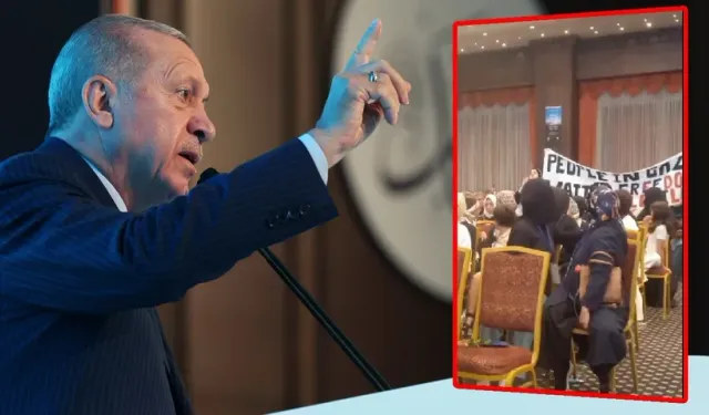 Erdoğan'ın konuşması sırasında Gazze'ye destek eylemi: Güvenlik görevlileri müdahale etti