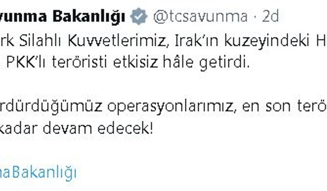 MSB: Irak'ın kuzeyinde 2 terörist etkisiz hale getirildi