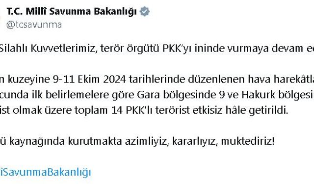 Milli Savunma Bakanlığı (MSB), Irak'ın kuzeyinde 14 PKK'lı teröristin etkisiz hale getirildiğini açıkladı