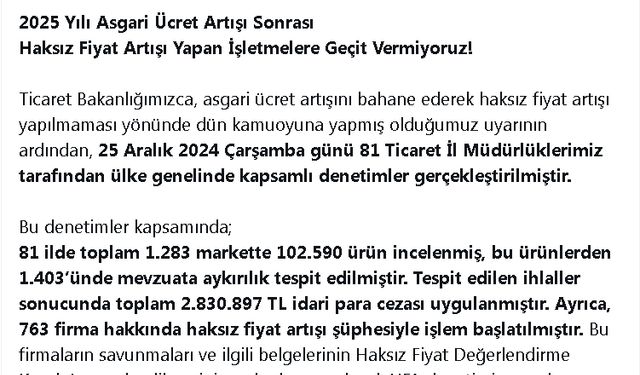 Haksız fiyat artışı denetimlerinde 2,8 milyon lira para cezası uygulandı