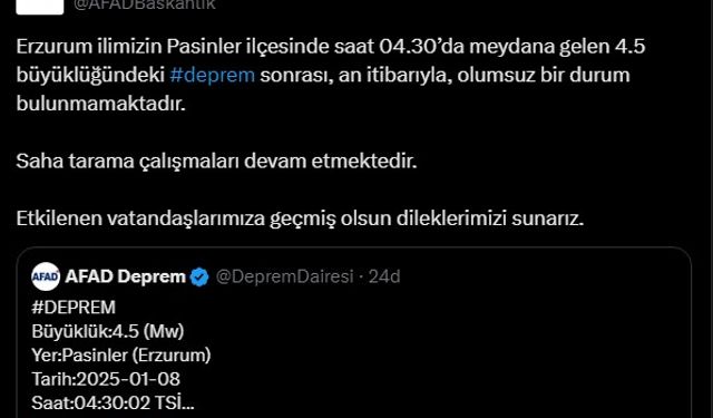 Erzurum'da 4.5 büyüklüğünde deprem