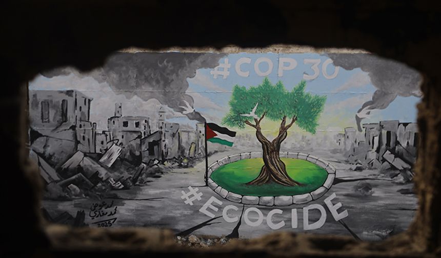 BM İklim Zirvesi sürerken, Gazze'de İsrail'in uyguladığı ekokırım duvar resmiyle anlatıldı