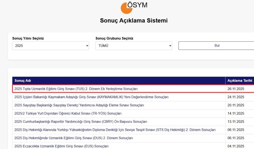 TUS 2. dönem ek yerleştirme sonuçları açıklandı