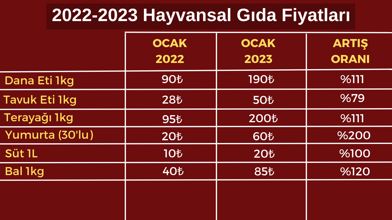 2022-2023 Hayvansal Gıda Fiyatları