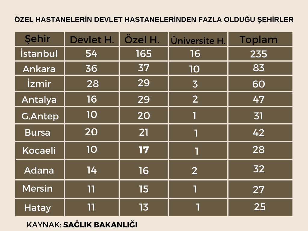 ÖZEL HASTANELERİN DEVLET HASTANELERİNDEN FAZLA OLDUĞU ŞEHİRLER (2)